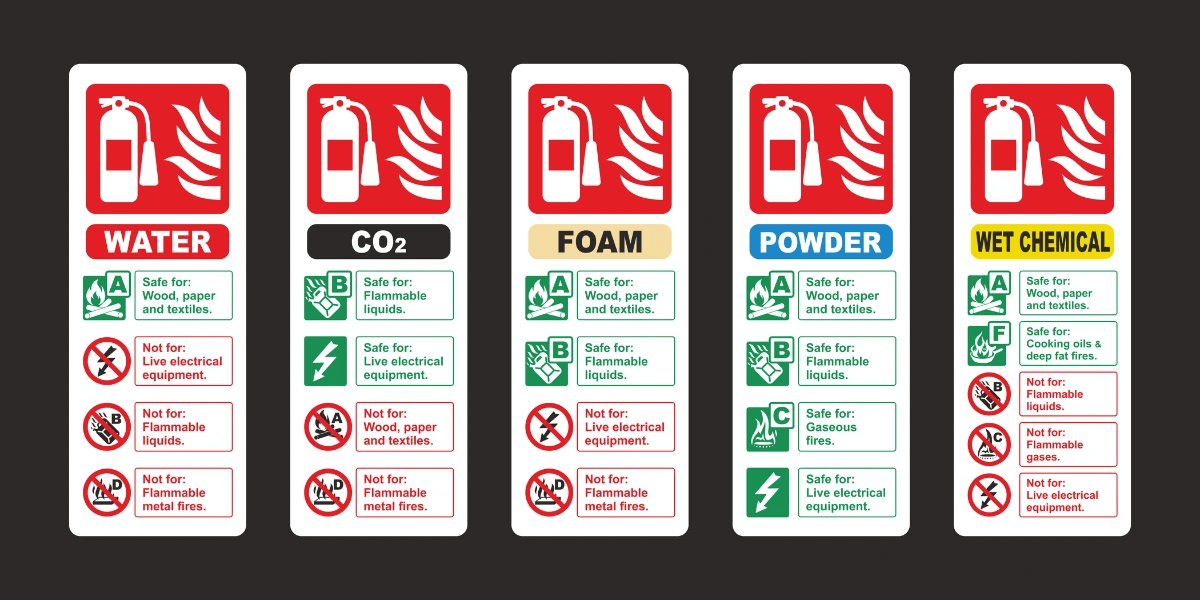 A chart for fire extinguishers with their color codes